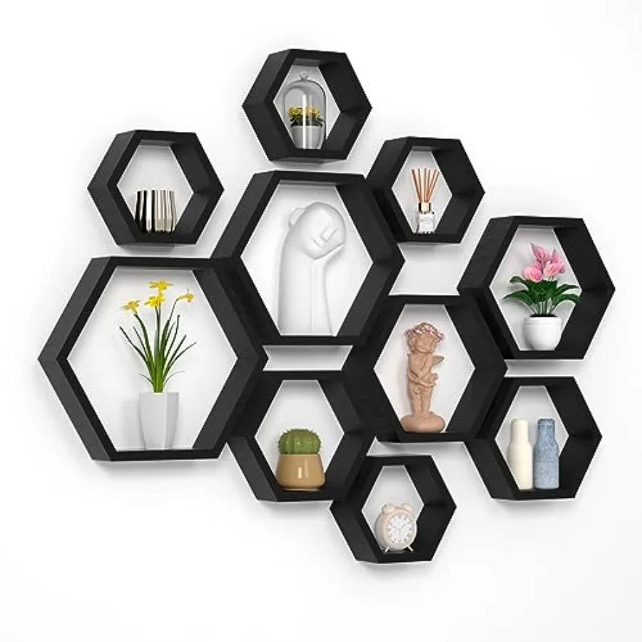 Hexagon Floating Shelves Honeycomb Wall Mounted Wood Farmhouse Storage for Bathroom Kitchen Bedroom Living Room - Driftwood Fin