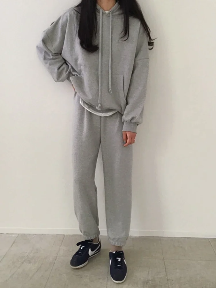 

Korean Style Fashion Girls Sweaters Set Grey Hooded Sweatshirts with Pants Two Pieces Set Female Sport Clothes Set Trousers Suit