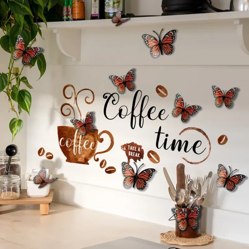1pcs Coffee Time With 12 3D Butterflies Wall Sticker Removable PVC Waterproof Wall Decoration For Tea Room Restaurant Kitchen