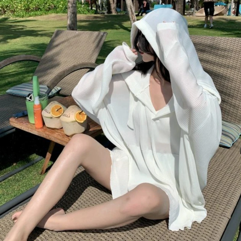 Semi-transparent Bikini Cover-up Oversized Sunwear Women's Jacket Beach Thin Hooded Tops Pressed Pleated Ice Silk Shirt Hoodies