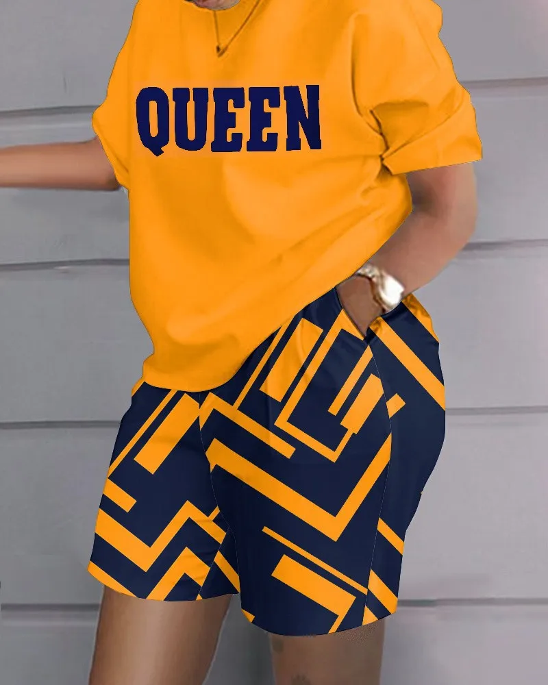 

2023 Summer Women Casual Short Sleeve Outfit Two Piece Set Letter Printed O Neck T Shirt Top Pocket Shorts Two Pieces Set Female