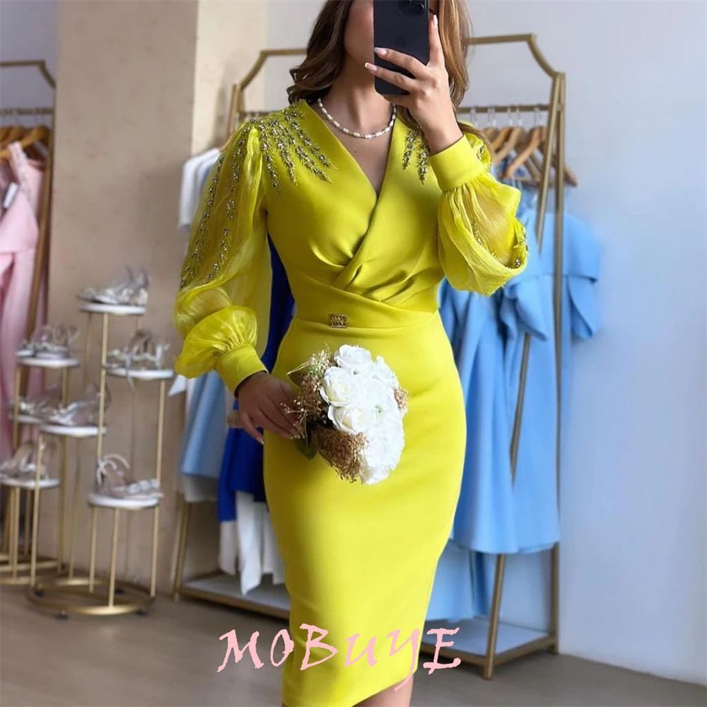 

MOBUYE 2024 Popular V Neck Prom Dress Tea-Length With Long Sleeves Evening Fashion Elegant Party Dress For Women