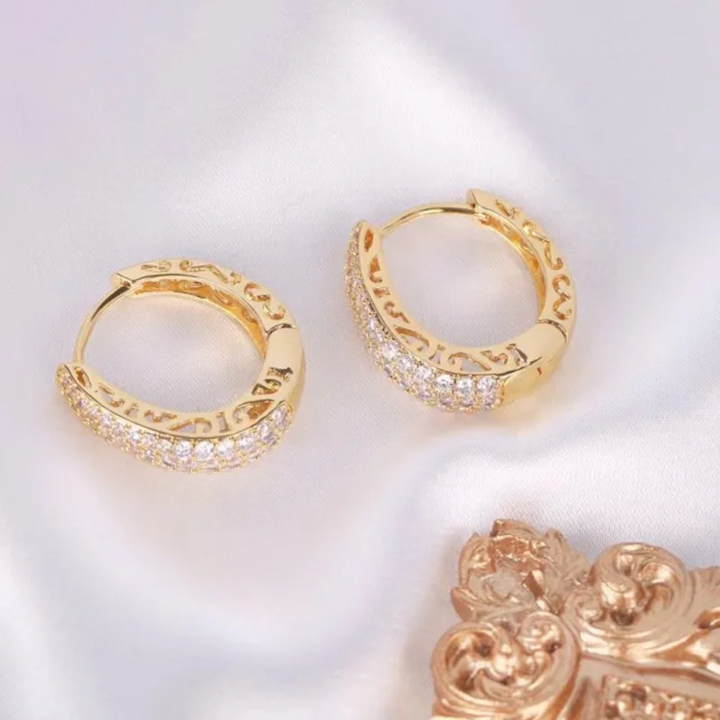 Gold Color Micro Inlaid Zircon Hoop Earrings for Women Elegant Trendy Ear Buckle Jewelry Accessories Gifts