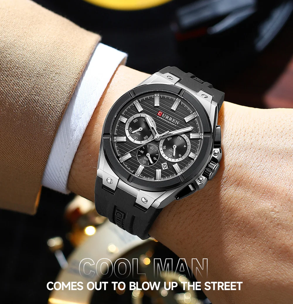 CURREN Moder Design 43mm Watch for Men with 3 Sub-Dials Quartz Movement Casaul Silicone Strap Wristwatch Luminous Hands and Date