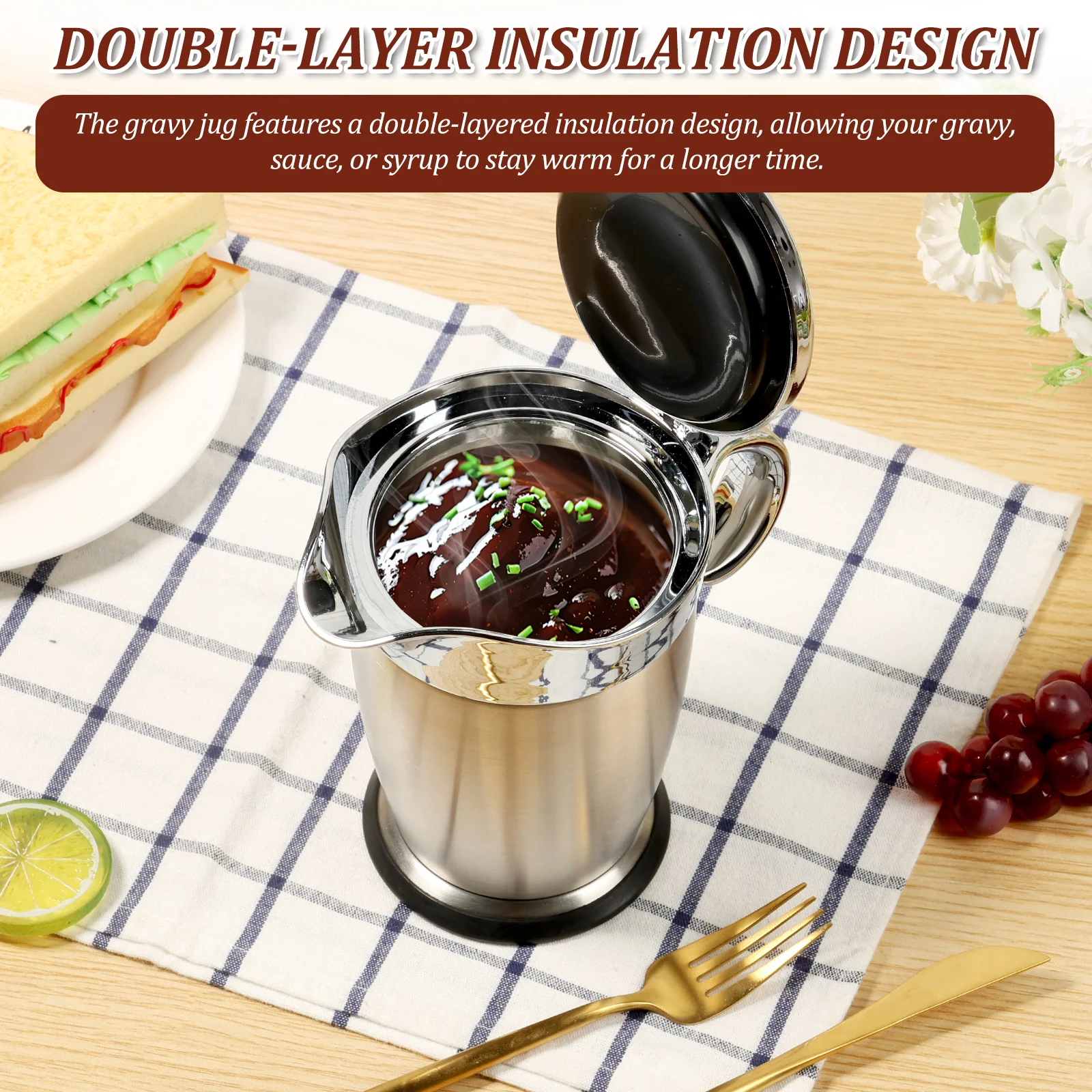 Stainless Steel Gravy Boat 450/750ml Gravy Sauce Jug with Hinged Lid for Family Dinner, Christmas Party Gravy Pitcher