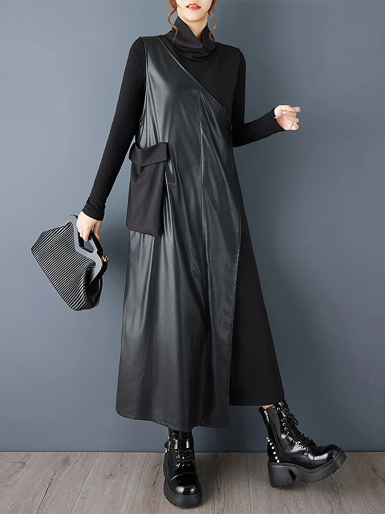 2025 Spring Autumn New Black Vintage Fashion Spliced PU Dresses For Women Turtleneck Sleeveless Loose Casual Midi Dress Clothing