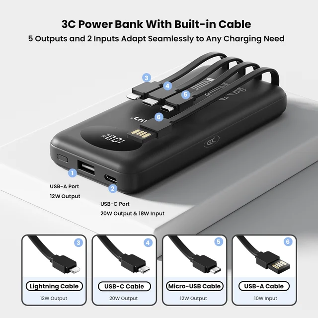 PISEN Power Bank certifiée 3C 10000mAh et 20000mAh, charge rapide 20W avec 4 câbles intégrés pour iPhone Samsung Xiaomi 1