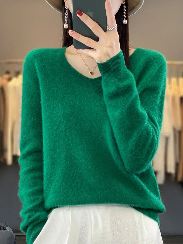여성용 양모 스웨터, V넥 풀오버, 긴팔 상의, 100% 메리노 양모 용수철, 가을 캐시미어 니트웨어 의류, 신상