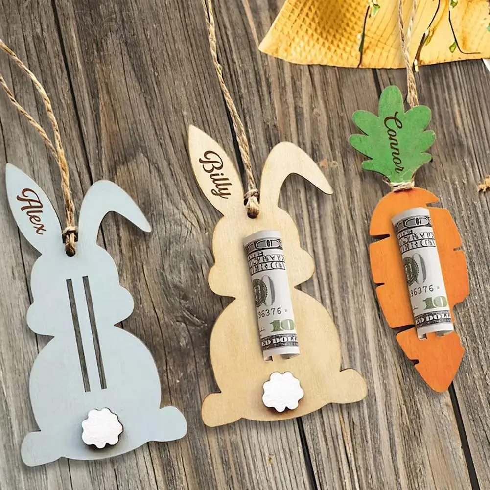 Easter Money Holder Wooden Bunny Carrot Shape Cash Holder Easter Gift Card for Cash Gift Basket Stuffers Party Dec