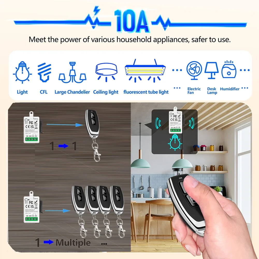 범용 차고 문짝 리모컨 무선 스위치, LED 조명 문짝 전자기 잠금용 미니 리시버, DC12V, 1CH, 10A, 433MHz