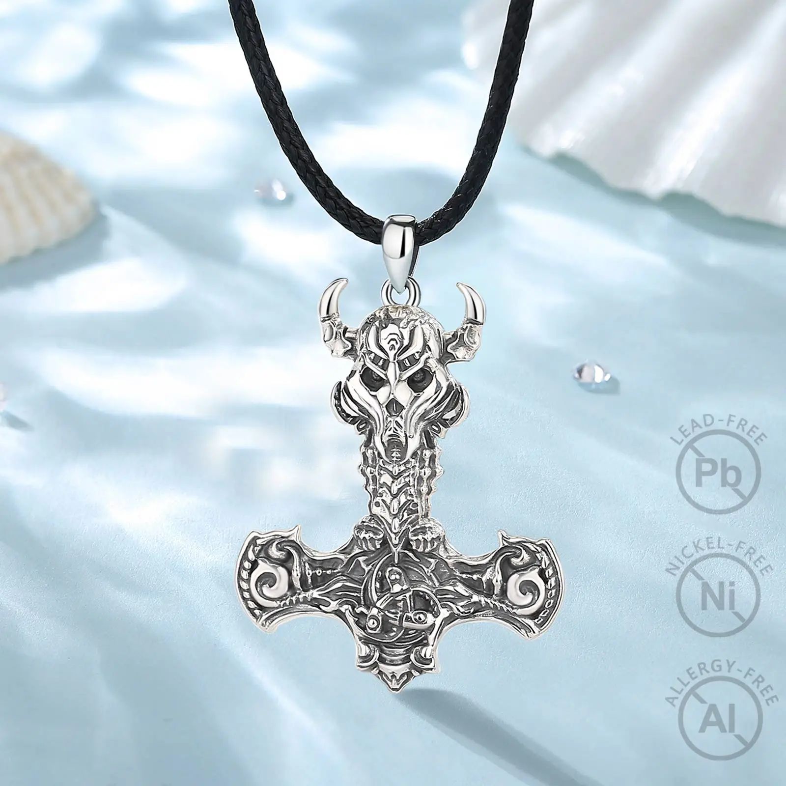 Eudora 925 Sterling Silver Norse Viking Thor's Hammer skull Rune