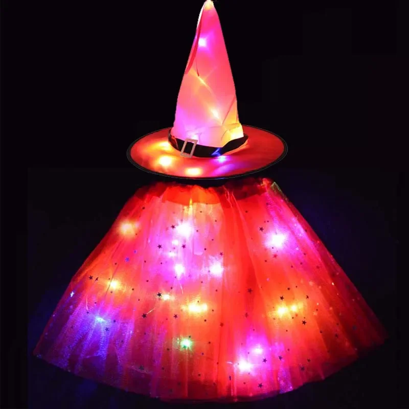 Cosplay Costume Halloween Dress Outfit Women Kids Girl Luminous LED Glow Lights Elf Witch Hat Star Skirt Spider Web Wizard Costume Party Gift Halloween Festival