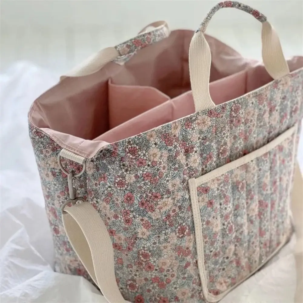 Portable Floral Printing Mummy Baby Bag Multifunctional Cotton Crossbody Bag Lightweight Large Capacity Storage Bag Baby Care