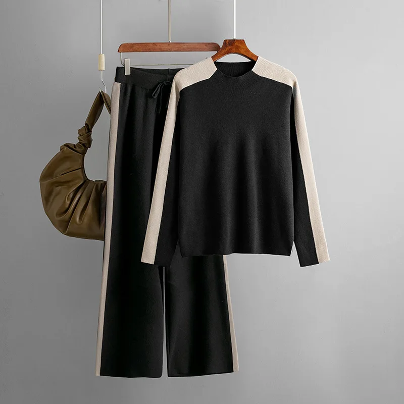 Winter Women's Knitting Set Autumn Women's Contrast Panel Pullover Sweater Two Piece Set Fashion Female Outfits