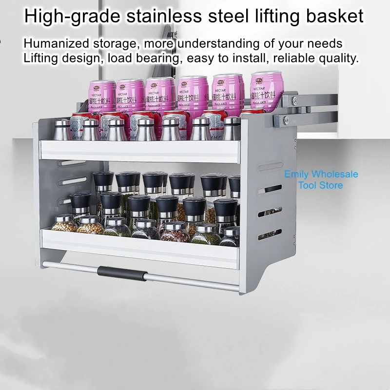 Hanging Cabinet Lifting Basket Kitchen Pull Down Cabinet Seasoning Basket Organizer Stainless Steel Aluminum Shelf