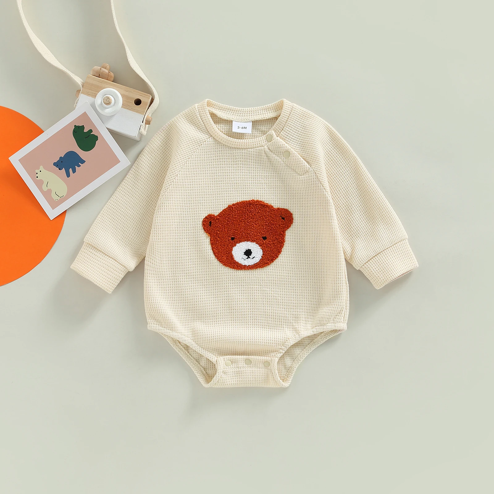 

EWODOS 0-24M Newborn Infant Baby Kids Waffle Bodysuits Spring Autumn Casual Jumpsuits Long Sleeve Bear Print Loose Playsuit 2023