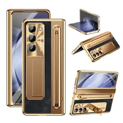 Advanced Pen Slot Hinge Protection Phone Case with Tempered Screen Protector & Invisible Bracket Stand - Galaxy Z Fold4 (Gold Black)