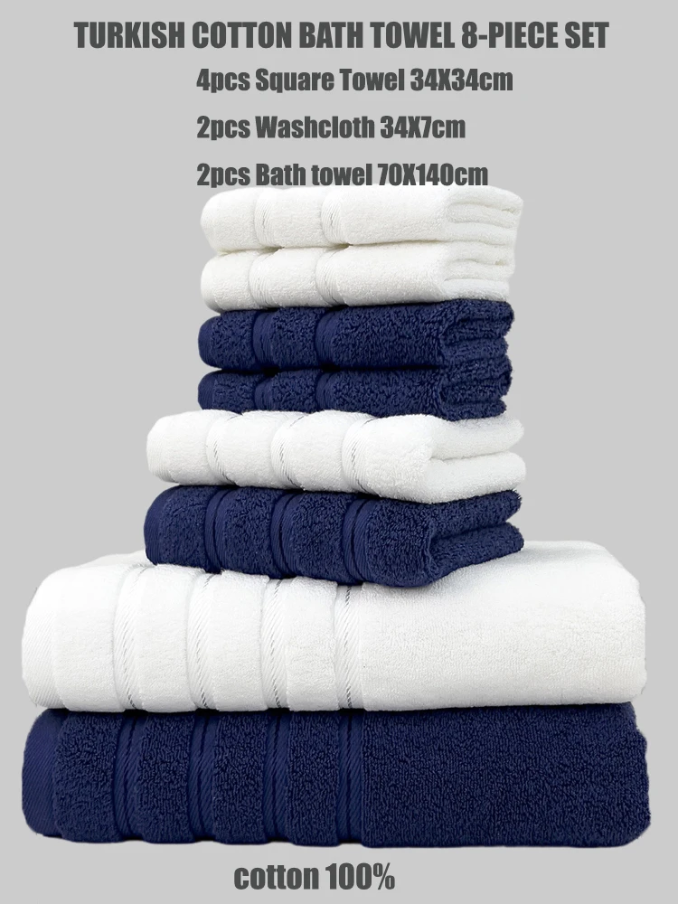 8 Piece Towel Set Turkish Cotton Bathroom Super Absorbent 4 Square Towel 2 Face 2 Bath Set Hotel Beauty Salon Sauna