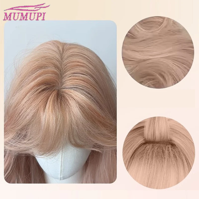 Pink gold wig for women with long curly hair and big waves Doll feeling Barbie roll daily versatile wool roll full head cover