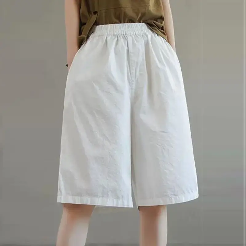 Women's 2024 Summer New Spliced Elastic Waist Fashion Solid Color Pocket Loose and Versatile Slimming Pure Cotton 6/4 Shorts