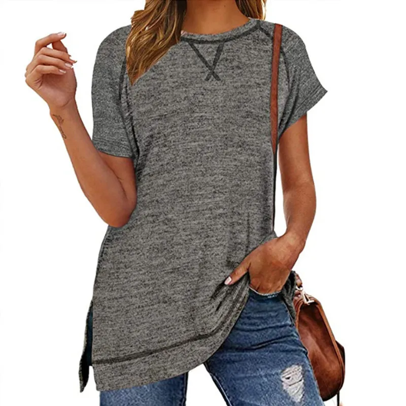 

Loose Casual Cotton T-shirt Short Sleeve Summer Women Simple Solid Color Tshirts Side Splited Good Quality Basic Top 2XL 2022