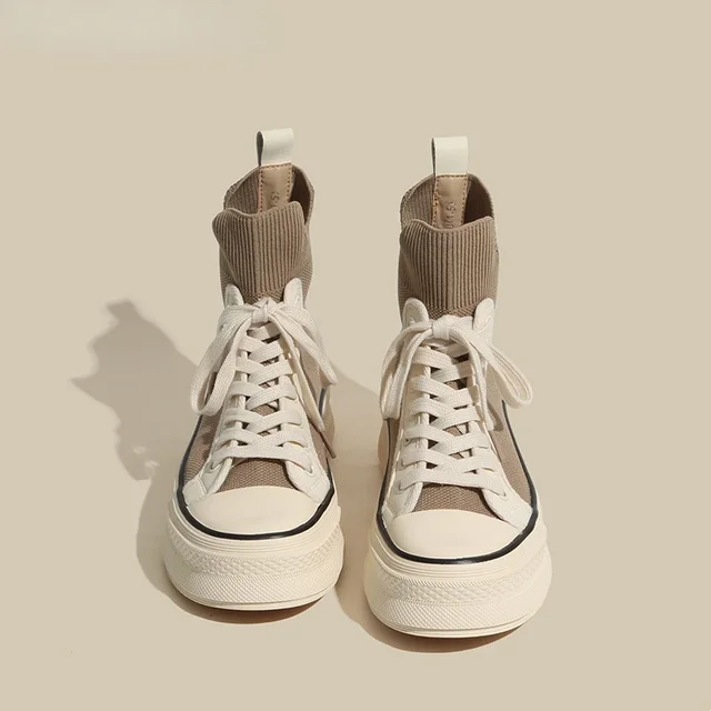 Ankle Knitting Boots Woman Patchwork Shoes High Sneakers Spring Autumn Luxury Breathable Boots for Women Flat Lace-Up Botines 2
