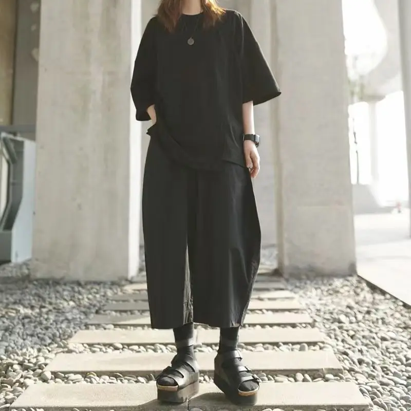 Spring New Nine Split Wide Leg Pants Retro Large Size Casual Pants Women's Literature Solid Elastic Waist Skirt Pants