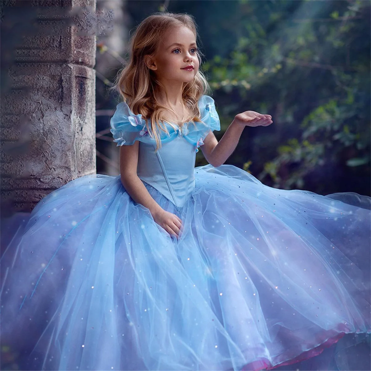 Flower Girl Dress Treasure Blue Shiny Tulle Butterfly Decoration Off Spalla Wedding Flower Child Holy Comunione Party Dress
