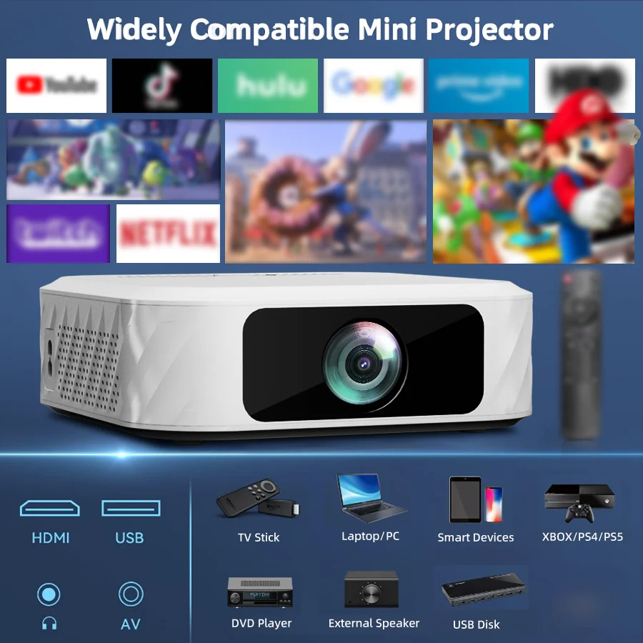 4K Smart Projector Full HD 1920*1080P 5G Wifi Control Home Cinema Theater Supports HDMI And Wifi Connection Built in Android Sys