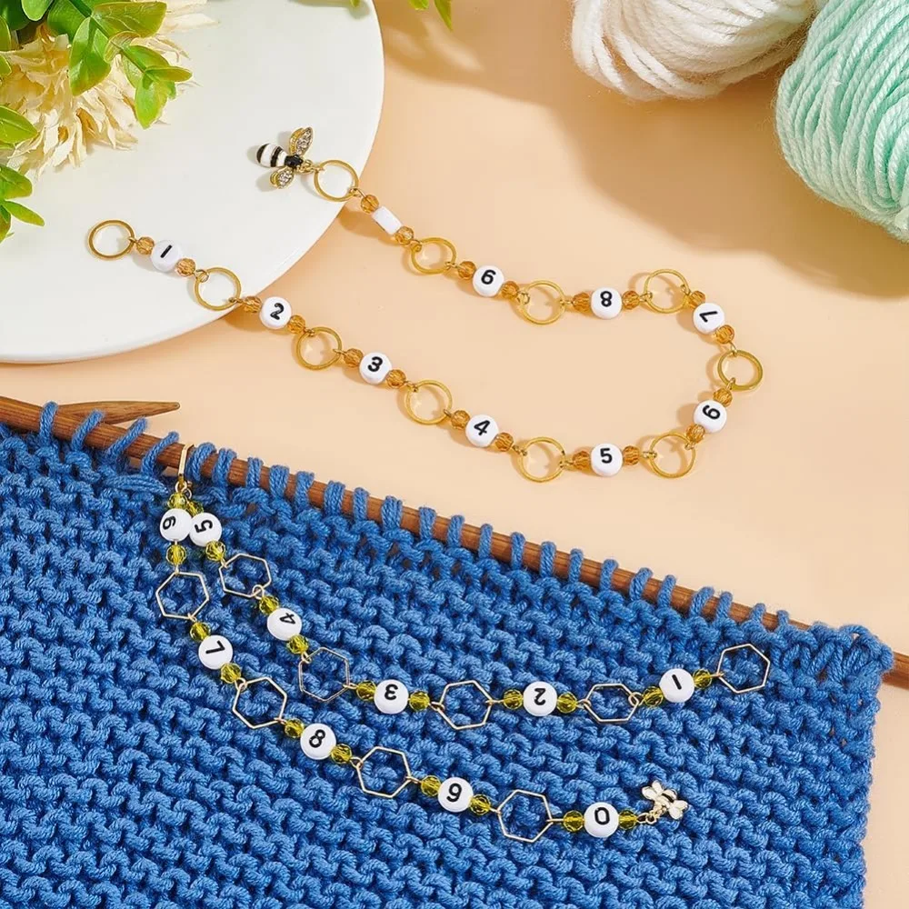 2 Pcs 2 Styles Bee Knitting Row Counter Chains Acrylic Number Stitch Markers Glass Beaded Crochet Stitch Marker Charms