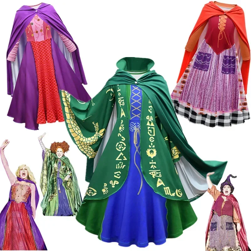 Halloween Party Funny Hocus-Pocus 2 Costume Sarah Sanderson Sisters Cosplay Costume Dress Outfit Kids Girls Witch Queen Clothes