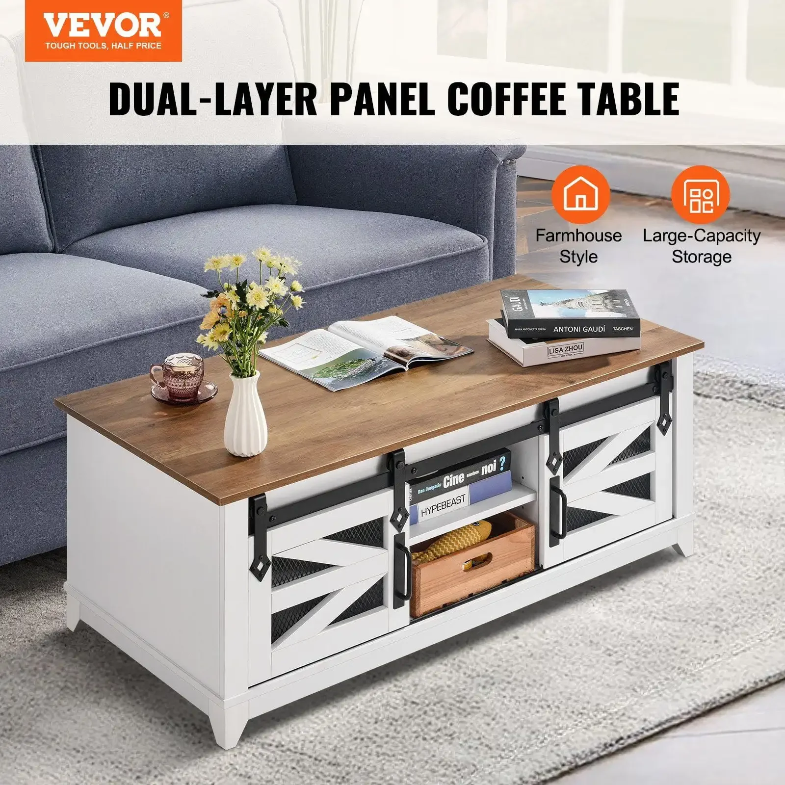 48" Farmhouse Coffee Table 2-tier Rectangle Table with Sliding Barn Doors 2