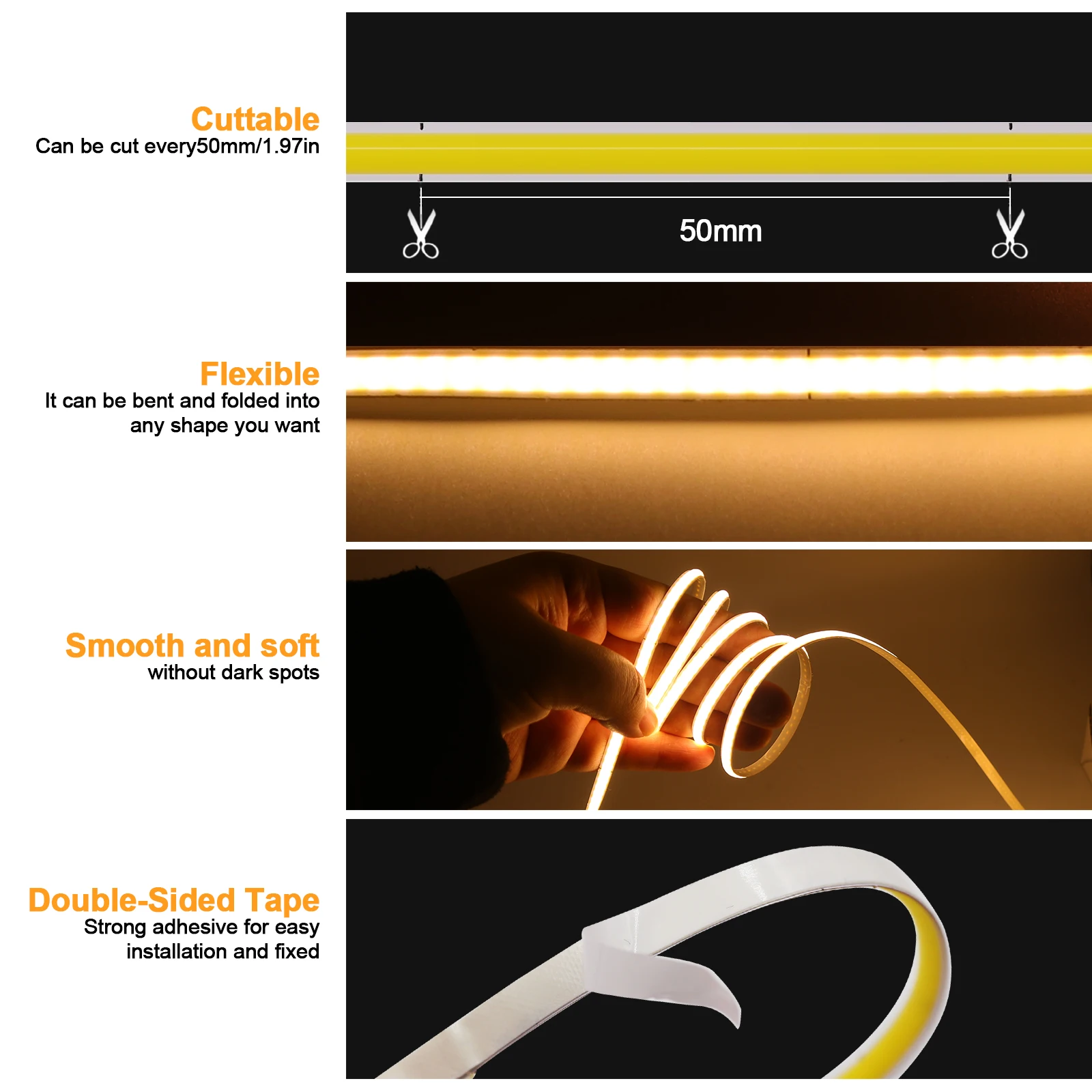 DC5V 12V COB Streifen 3MM 5MM 8MM 320LEDs/m FOB LED Licht Bar 3000K 4000K 6000K Flexible Band Seil Cob LED Streifen Linear Beleuchtung – Detail 15