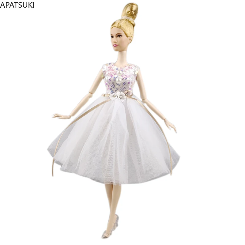 White Sequin Fashion Doll Ballet Dress For Barbie Doll Clothes Party Gown Veil Crystal Shoes Outfits Toys 1/6 Dolls Accessories