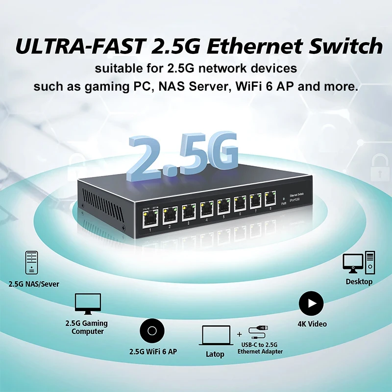 OMAY 5/8 RJ45 포트 2.5Gb 이더넷 스위치, 2.5 GBASE-T 네트워크 스위치, 10 기가비트 업 링크 플러그 앤 플레이 허브, 인터넷 스플리터 팬리스