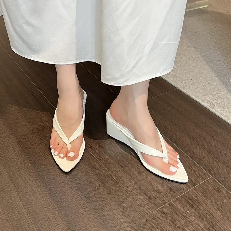 ZOOKERLIN Pointed PU Leather Flip Flops Wedges Women Slippers Solid Color Simple Summer Beach Slides Muller Shoes Clip Toe Pumps