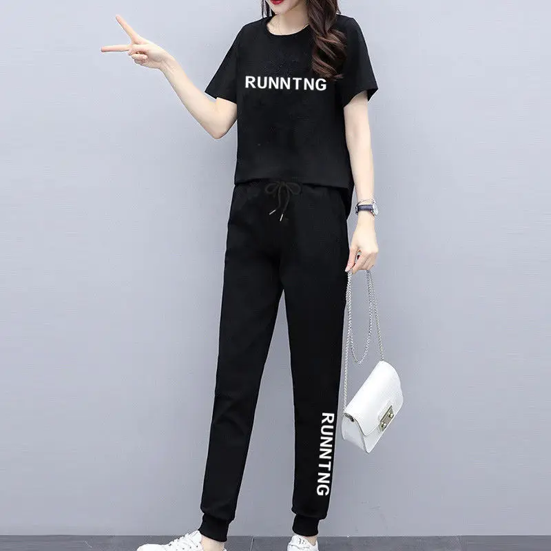 Fashion Women's Set 2024 Spring/Summer New Casual Large Korean Loose Pants Short Sleeve Two Piece Set