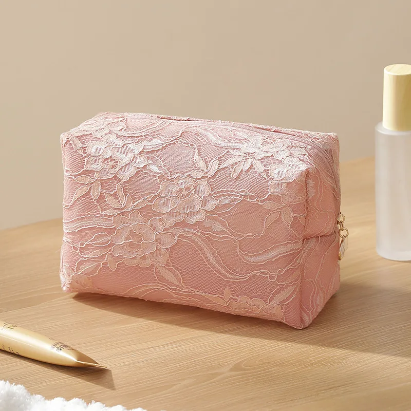 Lace Mesh Women's Makeup Bag Large Capacity Cosmetic and Jewelry Organizer Bag Zipper Square Portable Toiletry Bag Makeup Case