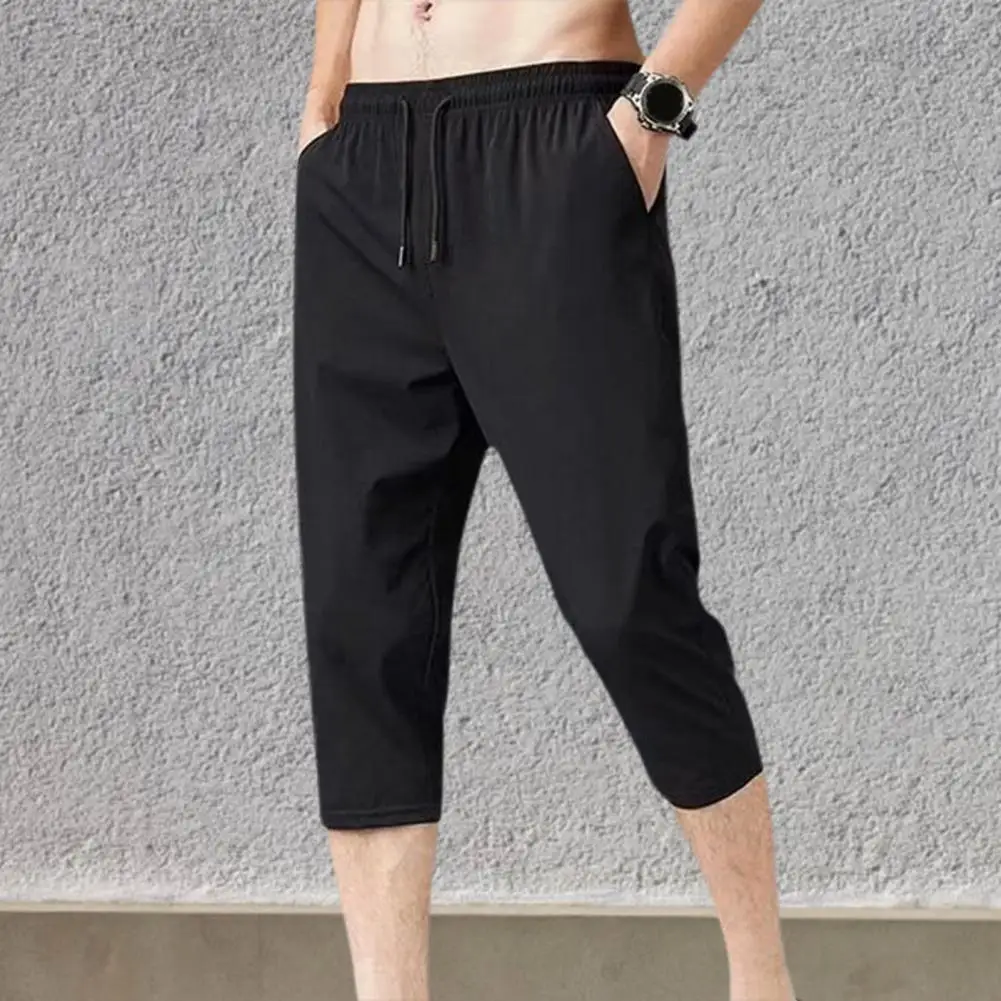 

Summer Sweatpants Casual Stretchy Waist Deep Crotch Summer Sweatpants Pockets Mid Waist Men Cropped Pants Daily Garment