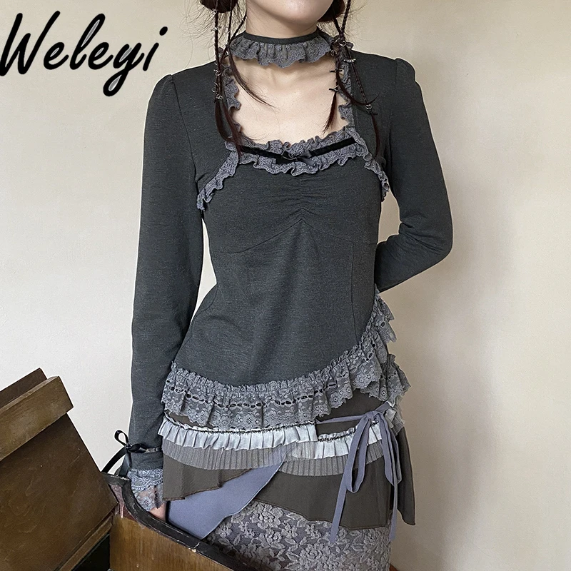 

Y2K Dark Grey Long Sleeve T-Shirt Halter T Top Aesthetic Clothes Femme Clothes Blusas Verao 2024 Spring New Tshirts Feminino