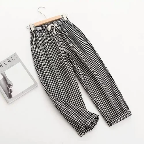 cargo capris 2021 Spring Summer Plaid Pants Women's  Harem Pants Capris Drawstring Waist Large Size Casual Loose Cotton Linen Trousers Women high waisted jeans Pants & Capris