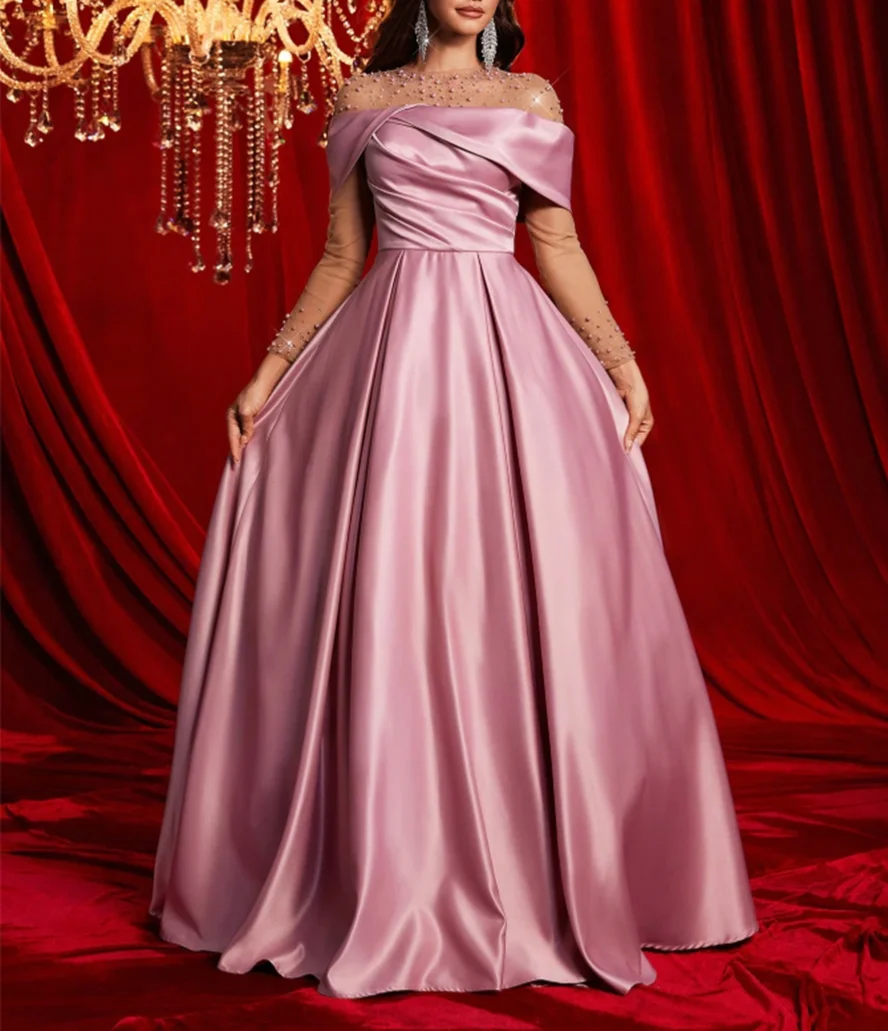 A-line Halter Neck Sleeveless Sweep Pearl Pink Satin Prom Dress, Beading