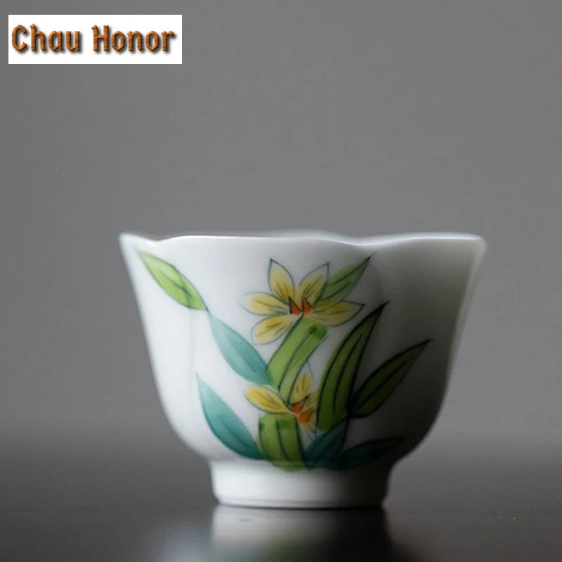 2pc/set Boutique Pure Hand Painted Narcissus Orchid Art Ceramic Tea Cups Small White Porcelain Master Cups Kung Fu Tea Set 30ml