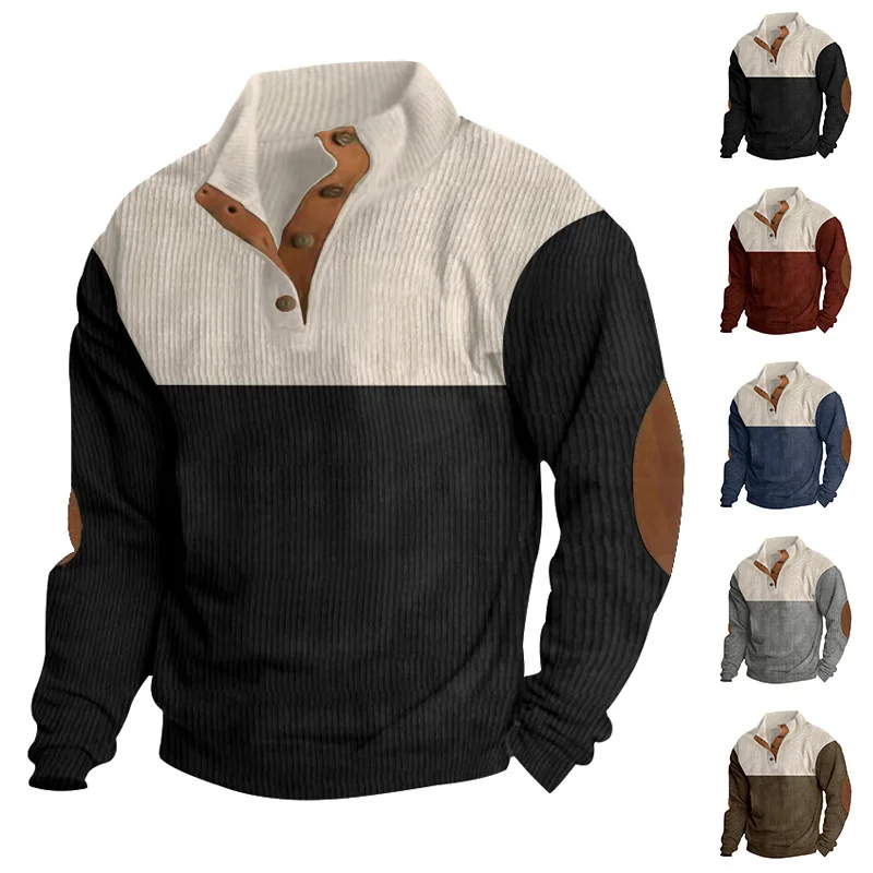 Men's Hoodies Spring And Autumn Corduroy Casual Patchwork Stand Collar Button Sports Hoodie Man Clothing