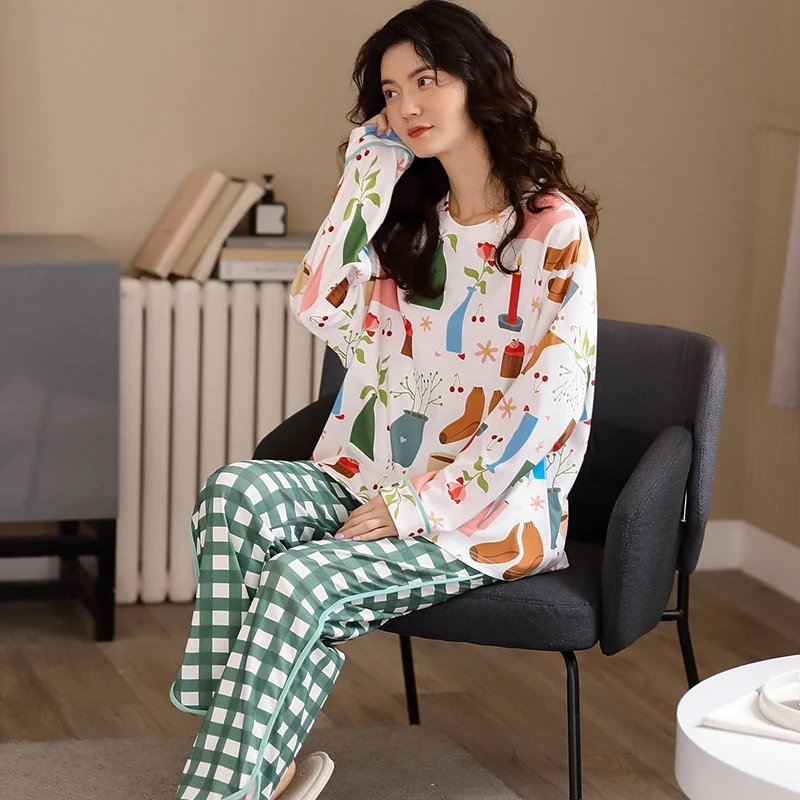 cute pj sets 100% Cotton Long Sleeve V-neck Pajama Sets for Women 2020 Autumn Winter Sleepwear Suit Pyjama Homewear Pijama Mujer Home Clothes cute pajamas for women Pajama Sets