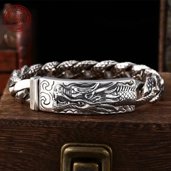 Pulsera de plata de ley S925 hecha a mano para hombre, brazalete con cabeza de dragón dominante, joyería Punk estilo Hip Hop Retro, gran oferta
