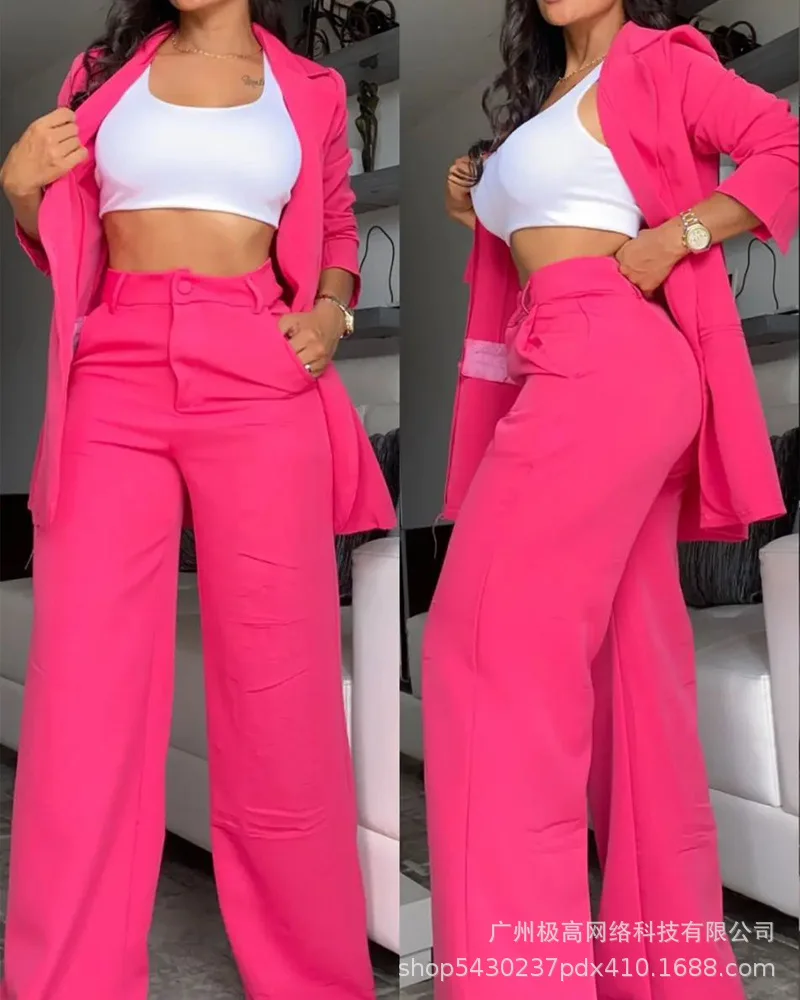 

2023 Autumn Women's 2-piece Pants Set, Temperament Solid Color Commuter Lapel Suit Pants Set