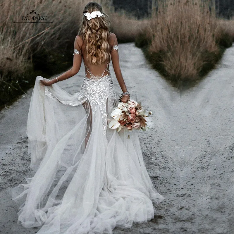 

FATAPAESE White Wedding Dress Mermaid Off Shoulder Tulle A-Line Floor Length Bridal Gown Simple Sexy Backless vestidos de novia