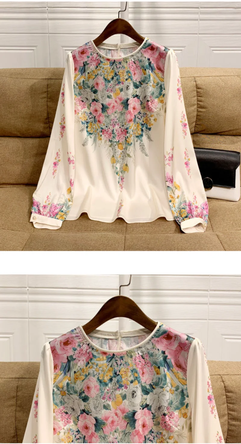 Chiffon Floral Women\'s Blouses Summer 2023 Printing Long Lantern Sleeves Shirts Loose Casual Korean O-Neck New Top YCMYUNYAN