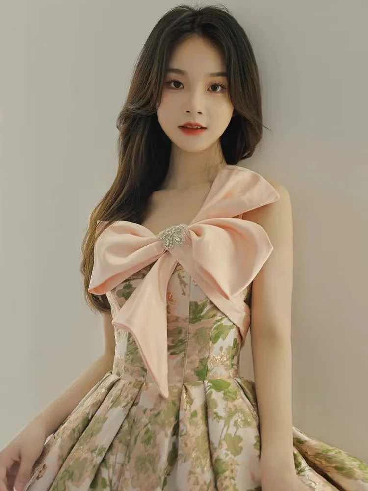 

Sexy Strapless Floral Print Prom Dresses French Style With Bow High Waist A-Line Fairy Long Banquet Evening Celebrity Party Gown